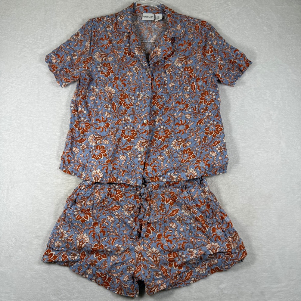 Rachel Zoe Blue Floral Linen Blend Short Sleeve Button Down Pajama Set Small‎